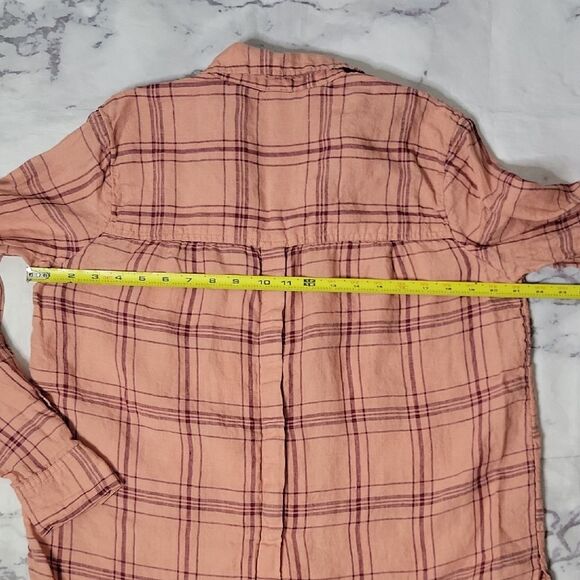 Free People 'No Limits' Peach Plaid Linen Shirt - Picture 5 of 6